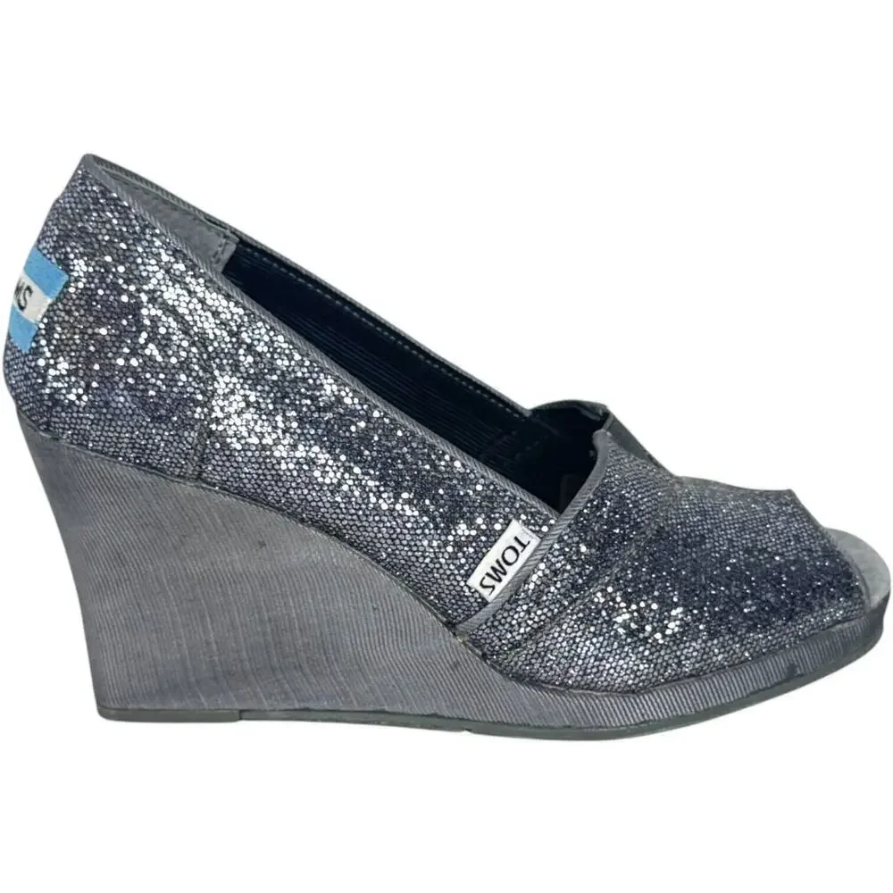 Toms Pewter Embellished Glitters Peep Toe Wedge Pumps Silver Women's Size 6.5